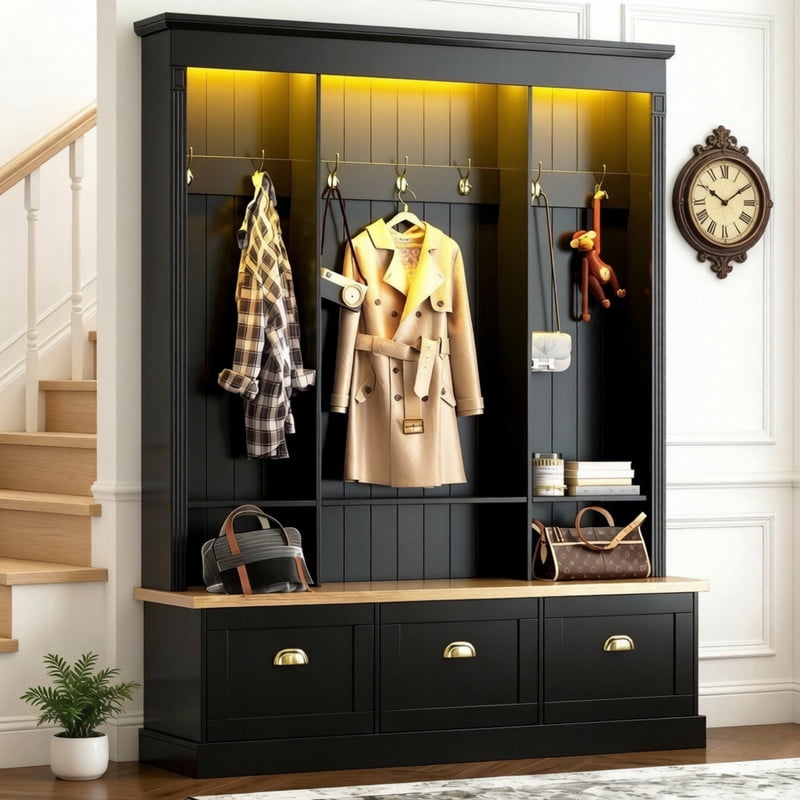 LED Lighting Hall Tree with 9 Hooks, Large Shoe Storage Bench with 3 Flip-Down Cabinets, Farmhouse Entryway Coat Rack Organizer