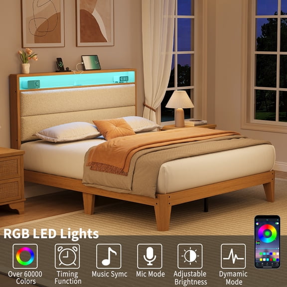 LED Lighting & Storage Headboard Boucle Upholstered Platform Bed Frame – Full Size, Built-in Charging Station, Sturdy Wood Slats, Easy Assembly, No Box Spring Needed, Light Cream