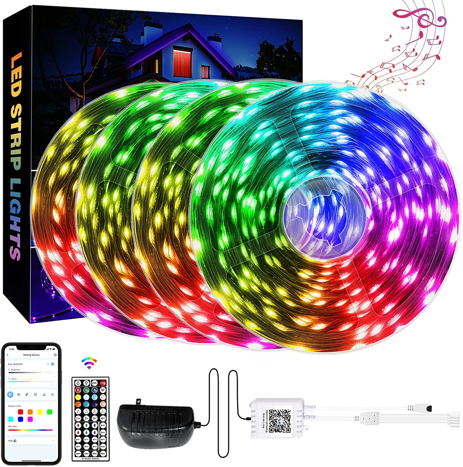 DAYBETTER 100ft LED Strip Lights,Color Changing with 44Keys Remote Controller and 12V Power Supply,Flexible Cuttable LED Lights for Bedroom, (2rd Gen)