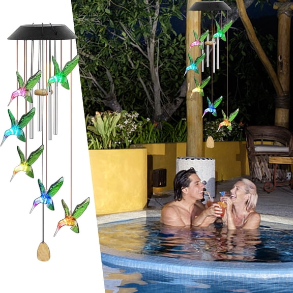 LED Lights Wind Chime Spinners String Hanging Outdoor Garden, Solar Powered Hummingbird Wind Chime with Aluminum Tubes and Wooden Sign, 6 LED Lights Decor