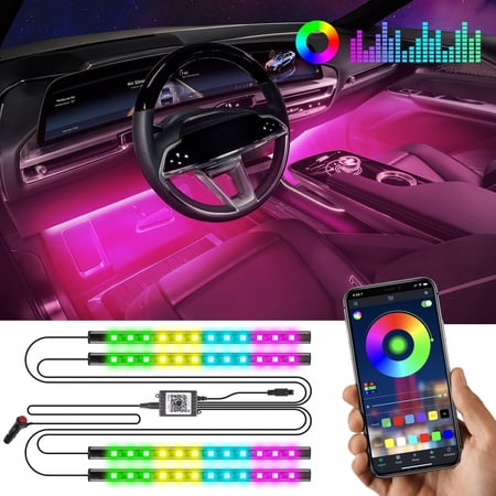 LED Lights for Car RGB Inside Car Lights DIY Dynamic Color Music Mode 4Pcs Strip Lights for Cars with Car Charger, DC 12V