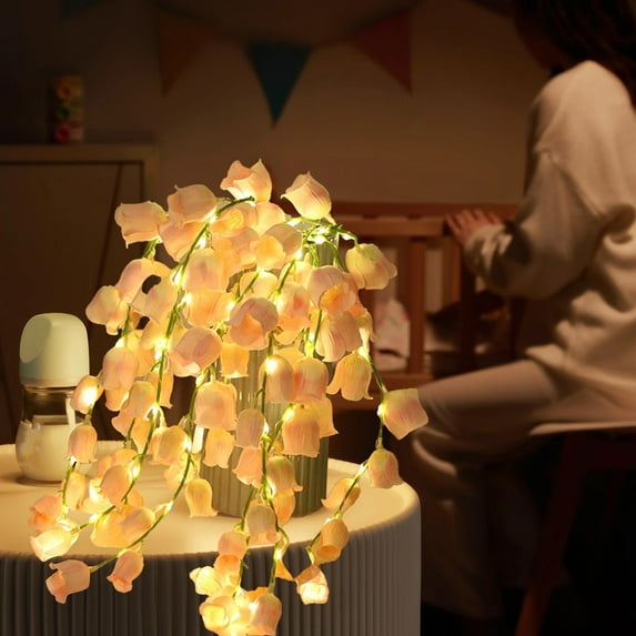 LED Lilies of the Valley Bouquet | 10 Artificial Flowers with String Lights | Pink & Red | 52cm | Battery Operated Night Lamp | Romantic Home Bedroom Decorative Arrangement