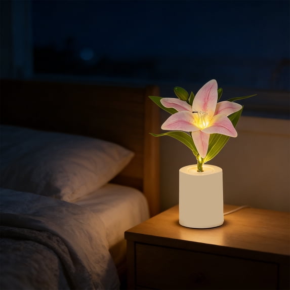 LED Lily Flower Night Light, Mini Potted Plant Lamp, USB Rechargeable, Romantic Table Lamp for Bedroom Decor & Gift