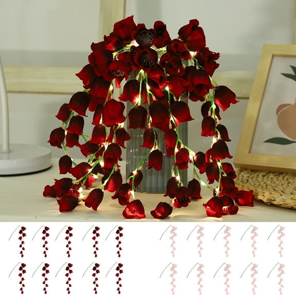 LED Lily of the Valley Artificial Flower String Lights, 10-Pack Battery Operated Light Up Flowers, 20.5 Inch Pink & Red Decorative Bouquet for Bedroom Home Party Decor