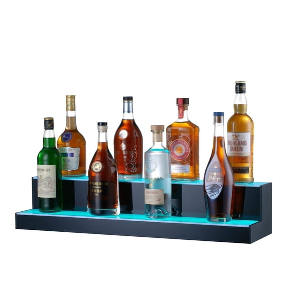 LED Liquor Bottle Display, 2 Tier 30 Inch Bar Shelf - App & Remote Control, 7 Colors, Timing Function - Acrylic Illuminated Drink Display for 16 Bottles