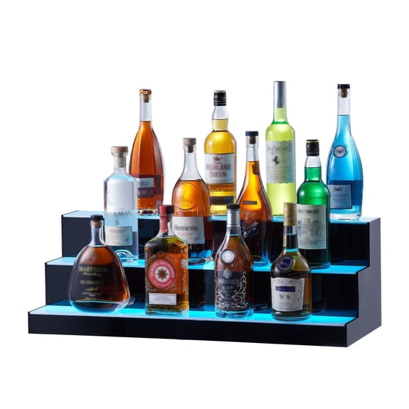 LED Liquor Bottle Display 3 Tier - 30 Inch Bar Shelf, Illuminated Whiskey Rack, Acrylic Drink Stand with Remote & App Control, Multicolor Lighting