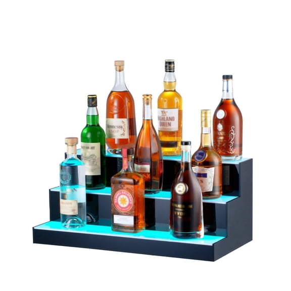 LED Liquor Bottle Display Shelf, 24" 3-Step Bar Shelf with RF & App Control, Lighted Alcohol Bottle Holder for Home Bar, Restaurant, Spotlight Effect
