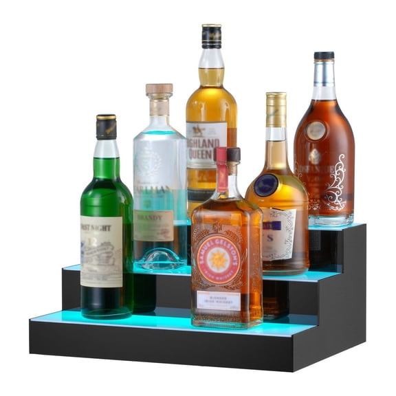LED Liquor Bottle Display Shelf - 3-Step Bar Shelf w/ RF & App Control - 16 Inch Multicolor Lighting - Illuminated Bottle Holder for Home Bar & Club