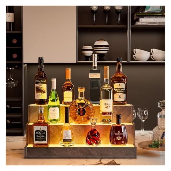 LED Liquor Shelf - 24 Inch Bar Display, Illuminated Bottle Shelf with App Control, 3-Step Freestanding Holder for Home Bar & Party - Grey