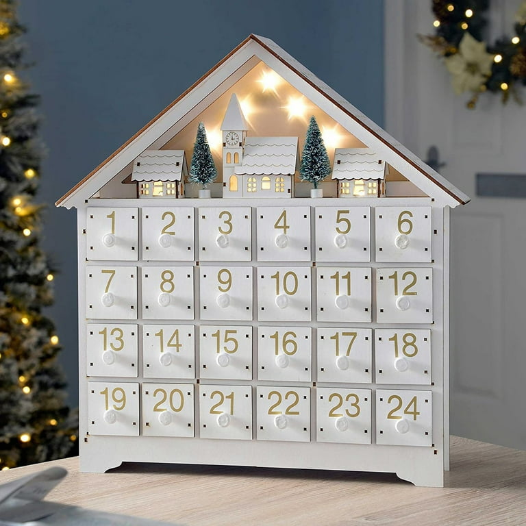 LED Lit Christmas Advent Calendar Wooden House Shape with 24 Day Countdown Drawers