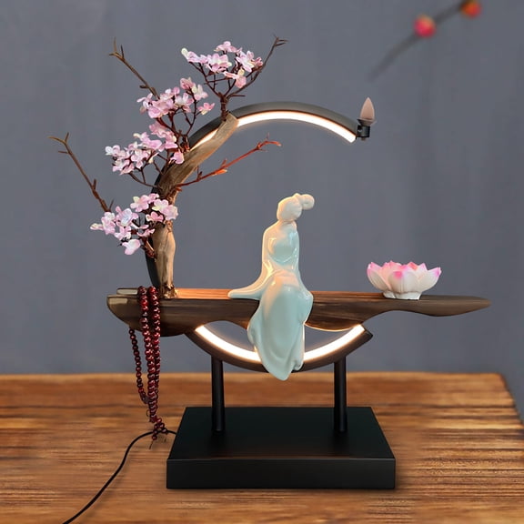 LED Lotus Incense Holder Retro Backflow Incense Burner Desktop Lamp Statue Decor