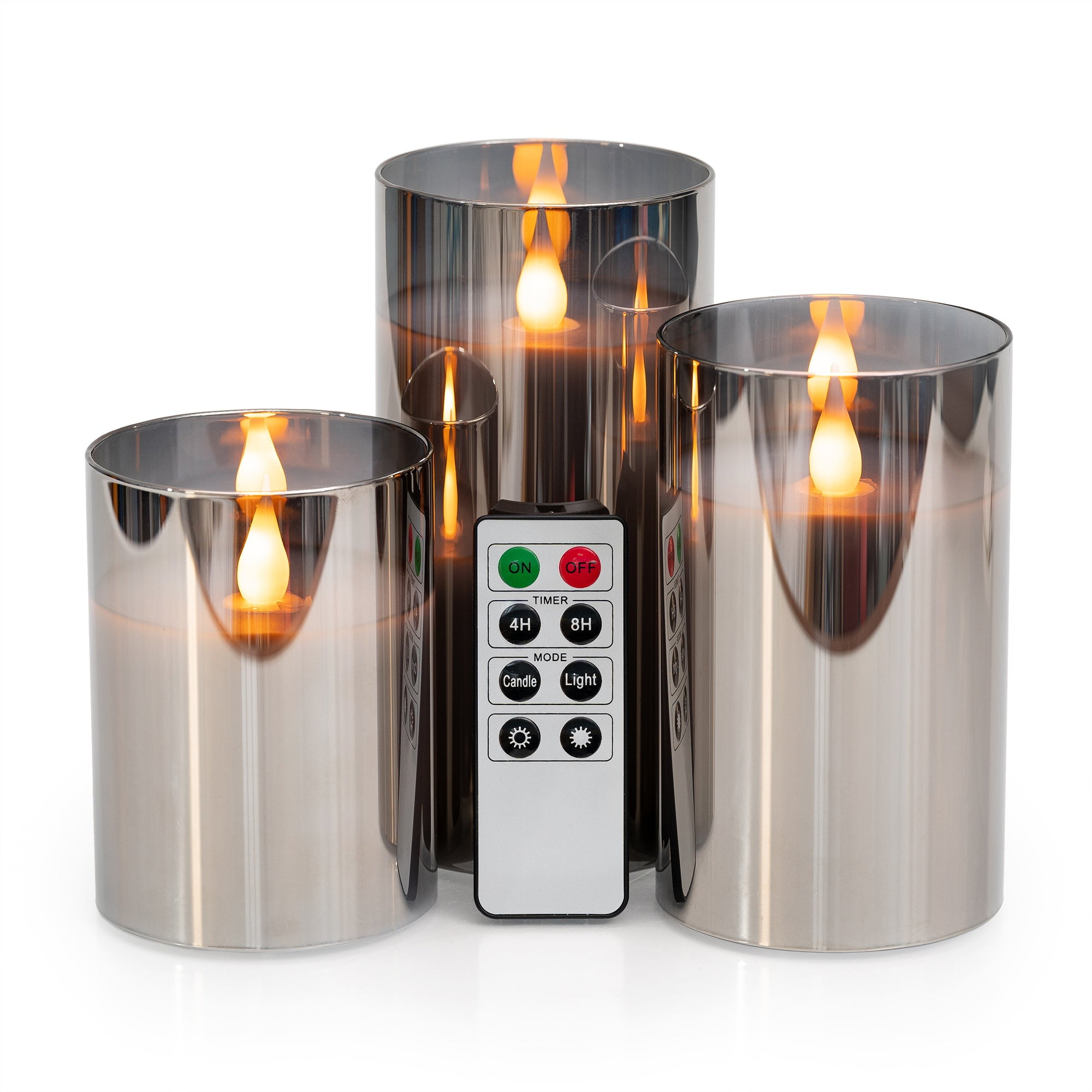 LED METALLIC MIRRORED GLASS FLICKERING FLAMELESS CANDLES - SET OF 3 (4" 5" 6") WITH REMOTE CONTROL