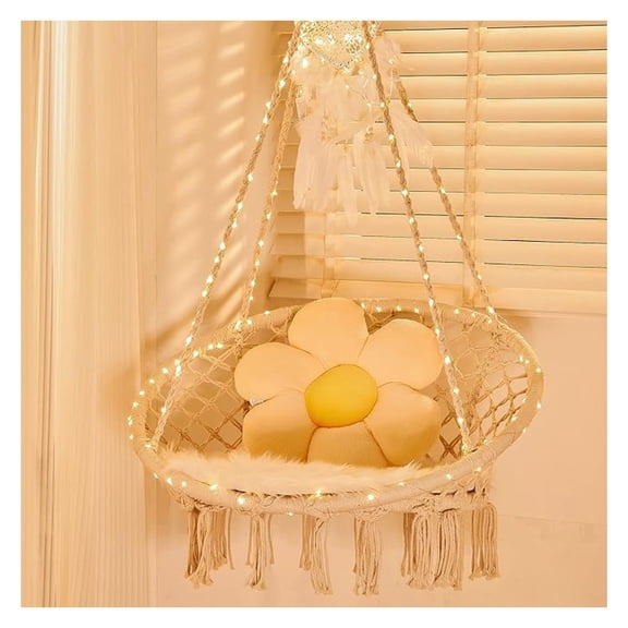 LED Macrame Hammock Chair, Indoor Outdoor Hanging Swing Chair with 472" LED Lights - 55x75cm Comfy Net Chair for Bedroom, Patio, Garden