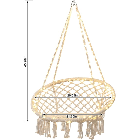 LED Macrame Hammock Hanging Swinging Chair, Indoor/Outdoor Hanging Chair with 12m LED String for Bedroom, , Deck, Yard, and Garden, Comfy Large Size 55x75 cm (No Stand)