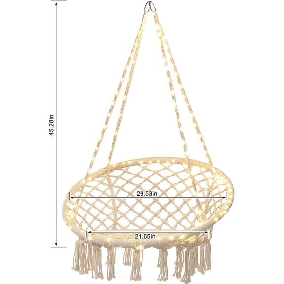 LED Macrame Hammock Hanging Swinging Chair, Indoor/Outdoor Hanging Chair with 12m LED String for Bedroom, , Deck, Yard, and Garden, Comfy Large Size 55x75 cm (No Stand)