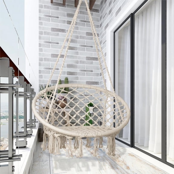 LED Macrame Hammock Hanging Swinging Chair, Indoor/Outdoor Hanging Chair with 472" LED String for Bedroom, Patio, Deck, Yard, and Garden, Comfy Large Size 55x75 cm (No Stand)$$Garden & Patio