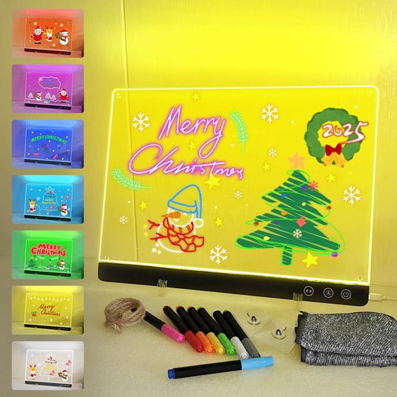 LED Magnetic Note Board with Colors, 11.8"X15.7" 4 Modes & 7 Colors Acrylic Dry Erase Board with Light, Include Hanging Chain, Led Drawing Board with Stand, Soft Cloth, 8 Markers