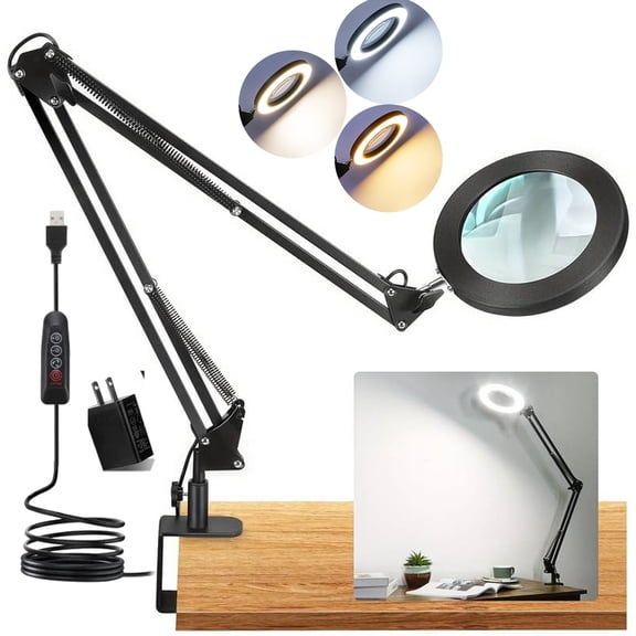 LED Magnifying Desk Lamp with Clamp, 5 Inch Real Glass Lens, 3 Color Modes Stepless Dimmable, 2-in-1 Stand & Clamp Mount, Hands Free for Close Work, Crafts & Hobby
