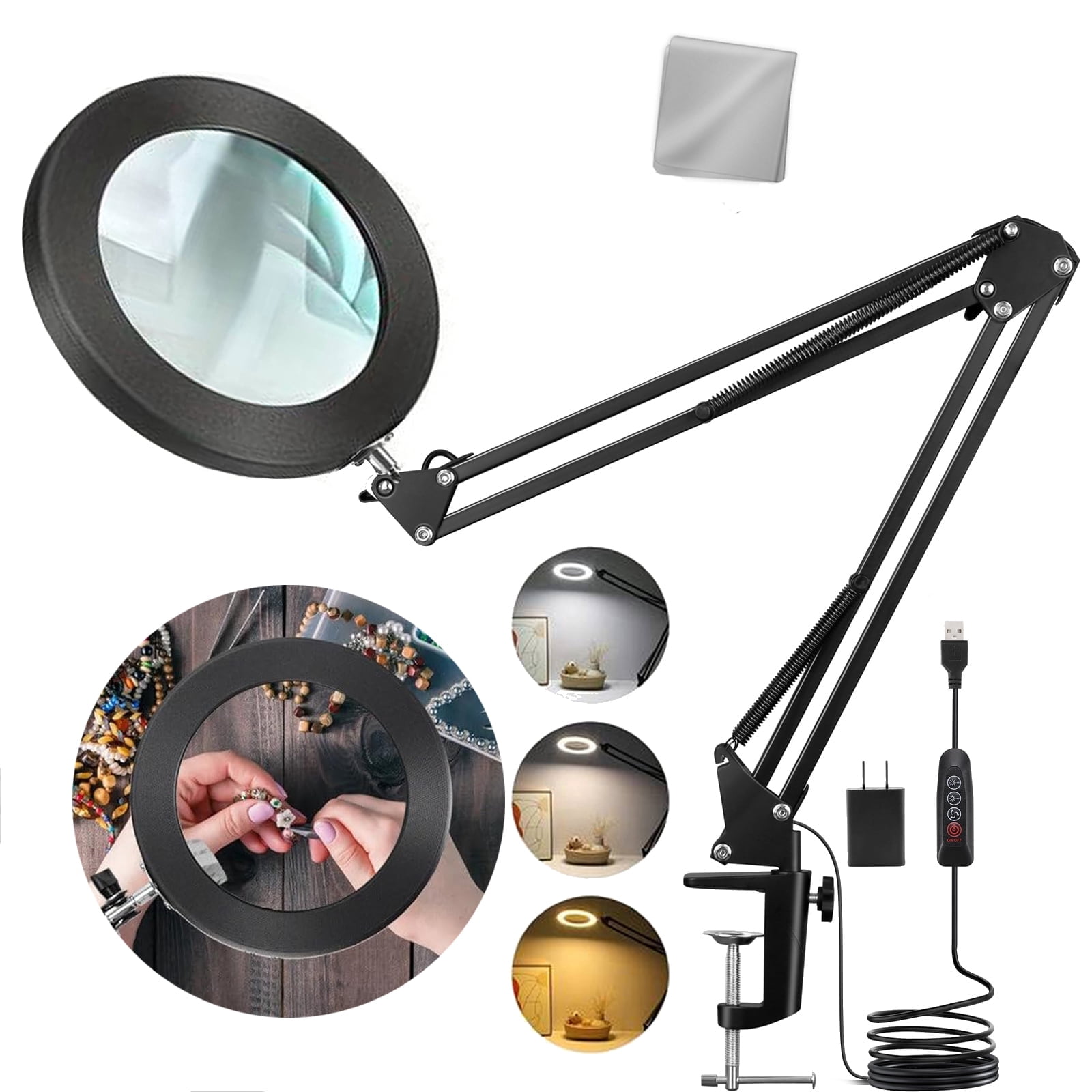 LED Magnifying Desk Lamp with Clamp, 5 Inch Real Glass Lens, 3 Color Modes Stepless Dimmable, 2-in-1 Stand & Clamp Mount, Hands Free for Close Work, Crafts & Hobby