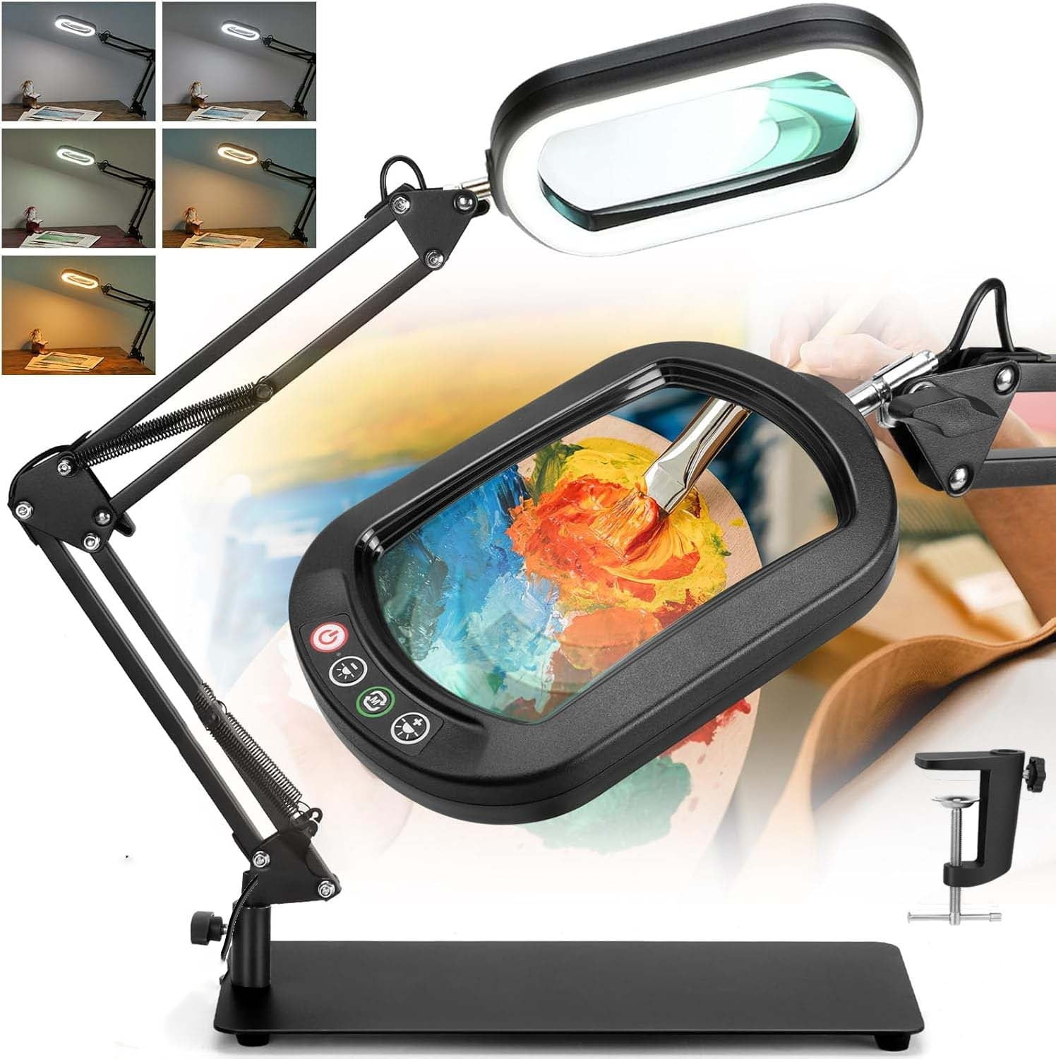 LED Magnifying Desk Lamp with Clamp, Square Real Glass Lens, 5 Color Modes Stepless Dimmable, Hands-Free for Reading Craft Hobby Close Work - Black