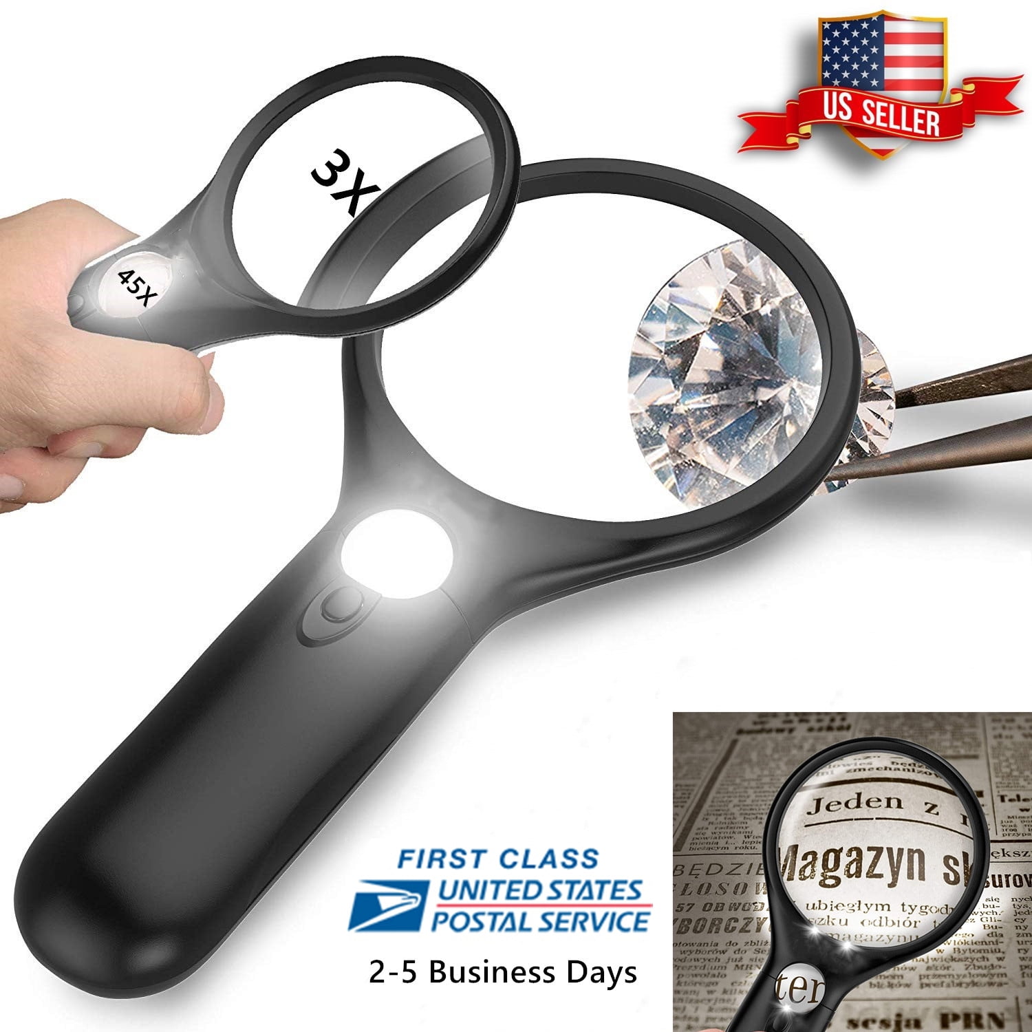 LED Magnifying Glass 2x, 3X, 45x Magnifier Lens - Handheld