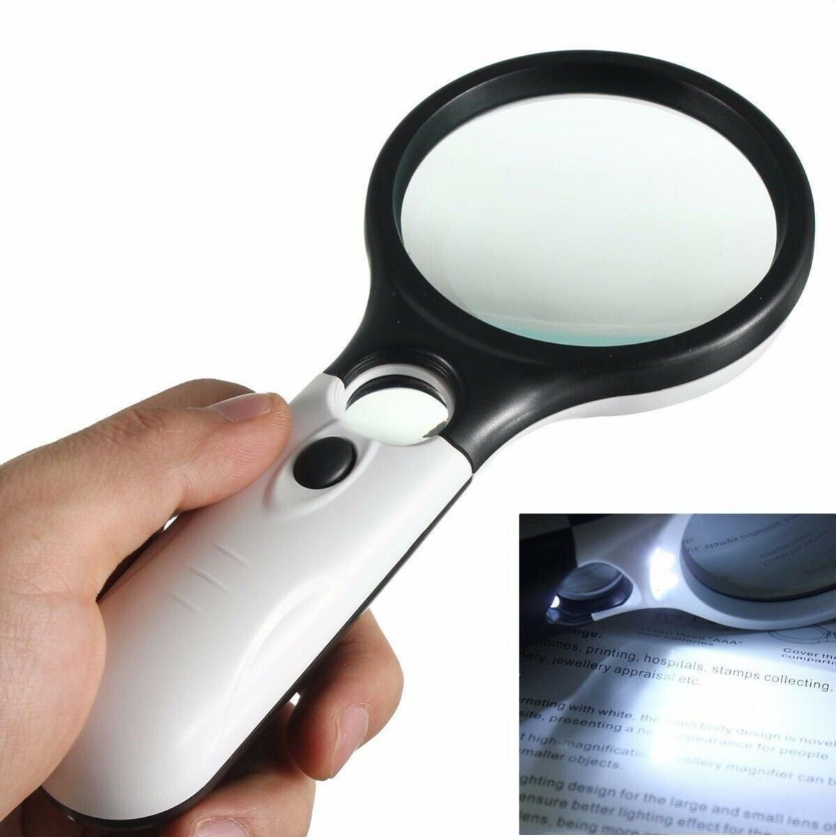 LED Magnifying Glass 2x, 3X, 45x Magnifier Lens - Handheld Magnifying Glass  with Light for Reading Small Prints, map, Coins and Jewelry 