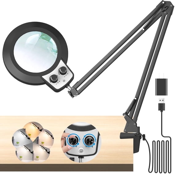 KIRKAS Magnifying Glass with Light, Long Swing Arm, Any Color Modes & Stepless Dimming LED Magnifying Lamp with Clamp, Memory Function Lighted Magnifier for Crafts, Reading, Hobby, Close Work