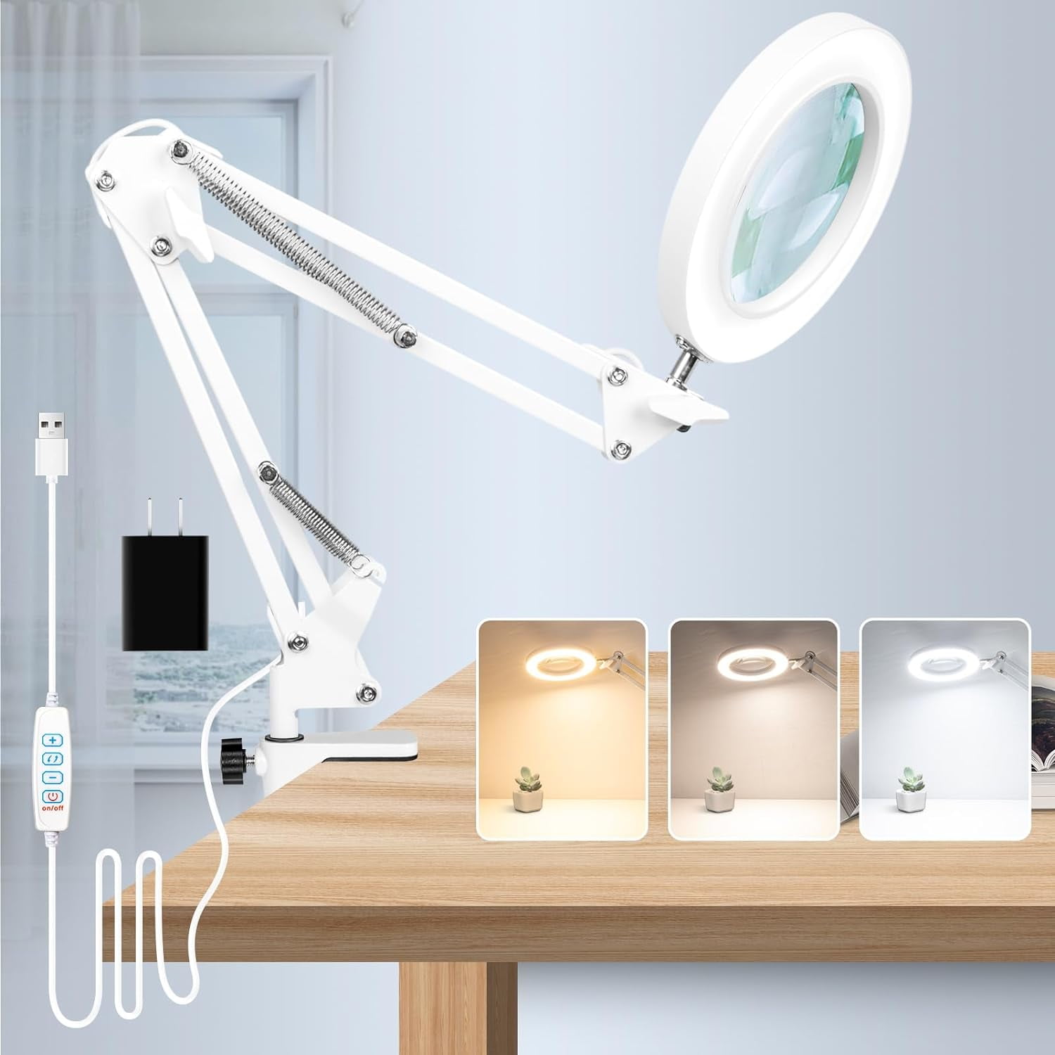 LED Magnifying Lamp with Clamp, 10X Real Glass Lens, 3 Color Modes and  Stepless Dimmable Magnifier Desk Lamp,Adjustable Swivel Arm Lighted  Magnifying Glass for Repair Craft Close Work-Black 
