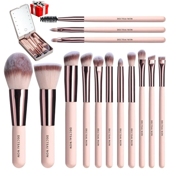 LED Makeup Brush Set ,14 Pieces Mini Makeup Brush Set for Travel, Mini Makeup Brushes Set with LED Light Mirror for Women, Makeup Brushes Set Professional Pink Black Color makeup brush