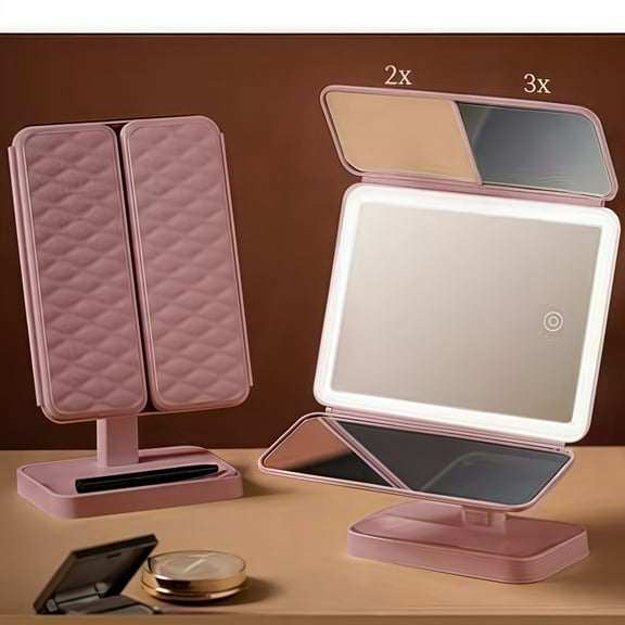 LED Makeup Mirror with 270° Rotation, Tri-Fold Design and Rechargeable Battery - Smart Touch Control, 3-Color Dimming Desktop Vanity Lighting for Women. Portable LED Cosmetic Table Lamp Gift Idea