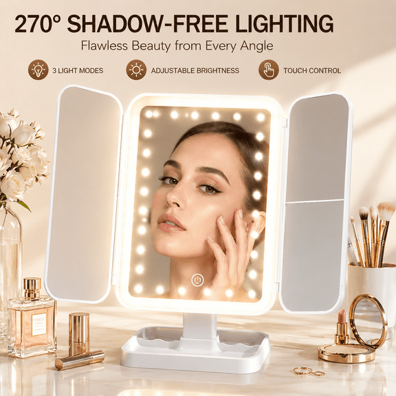 LED Makeup Mirror with 270° Wraparound Lighting, Trifold Vanity Mirror with Touch Control & 3 Color Light Modes, Foldable Tabletop Beauty Mirror for Makeup, Skincare & Gifts for Women