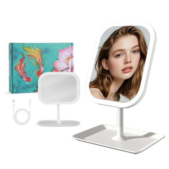 Rectangular 360° rotating LED lighting makeup mirror, three-point touch operation and natural daylight warm light. Built-in 2400mAh rechargeable battery, foldable design