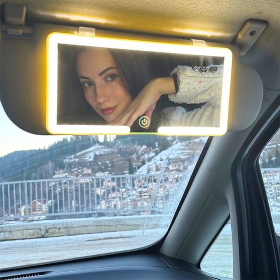LED Makeup Mirror, Lighted Vanity Mirror with 3 Color Dimmable Modes, Car Sun Visor Clip-On Travel Mirror with 60 Beads Rechargeable Battery, 9.6x4.7in