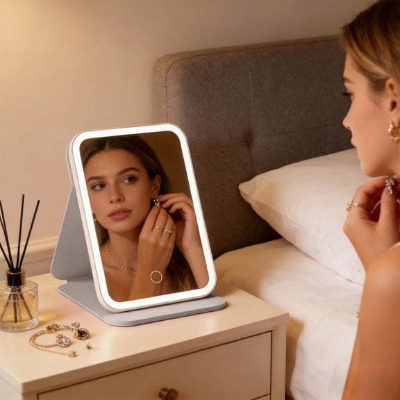 LED Makeup Mirror with Lights Portable Folding Vanity Mirror Smart Touch Adjustable Brightness Three Color Temperature High Definition Desktop Travel Mirror with USB Charging for Dorm Home Use