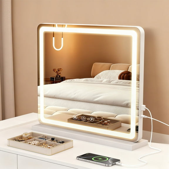 LED Makeup Mirror with Lights, Vanity Mirror with 3-Color Dimmable Lighting & Smart Touch Control, Tabletop Lighted Mirror with Memory Function, HD Tempered Glass for Bedroom and Dressing Room