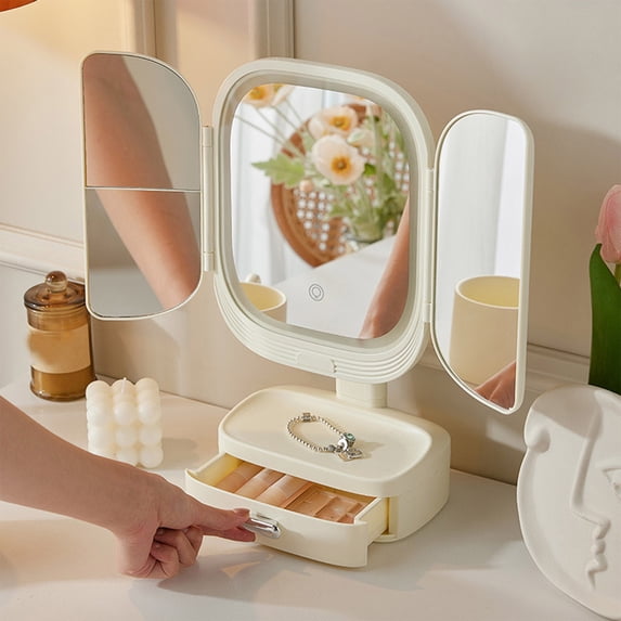 LED Makeup Mirror with Lights | Rotatable Desktop Vanity Mirror | 14.2 x 6.9 in, Beige, Organizer Drawer, Multifunctional