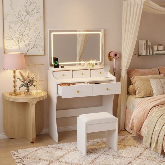 LED Makeup Vanity Desk with Mirror and Chair, 5 Drawers, Built-in Power Outlet, Hair Dryer Holder, Sturdy Dressing Table for Bedroom,White