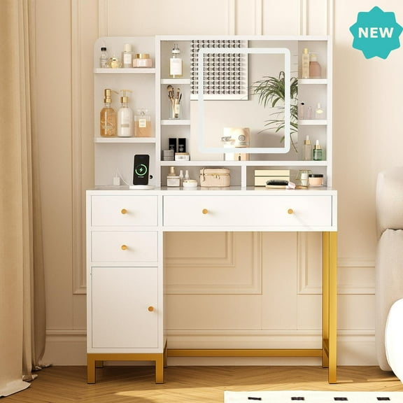 LED Makeup Vanity Table with Mirror, Acrylic Top, 3 Drawers, Cabinet & Charging Station Bedroom Dressing Desk with Adjustable Lights