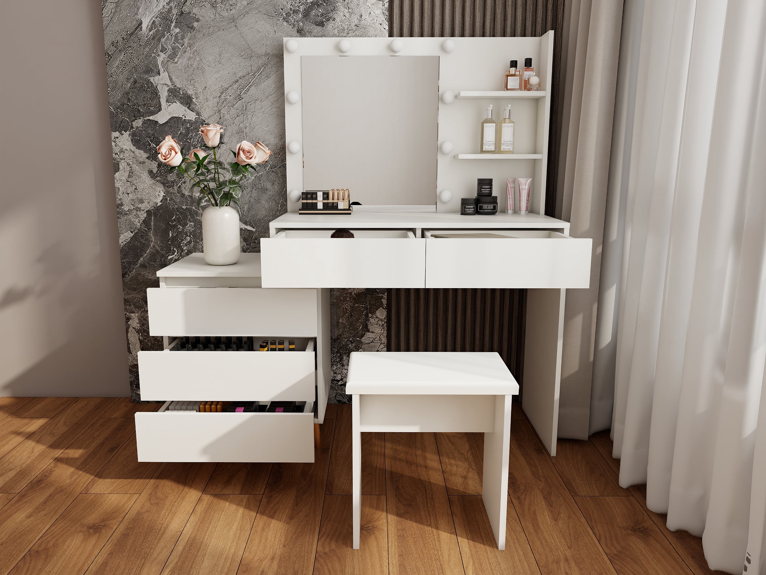 LED Makeup Vanity Table with Mirror, Storage Drawers, Matching Stool and Organizer Compartments, White Beauty Station for Bedroom, 55.1"x15.7"x53.1"