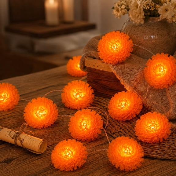 LED Marigold String Lights, Artificial Marigold Flower Garland with Lights | Light String Day of the Dead Decorations, Dia De Los Muertos Diwali for Halloween Indian Party