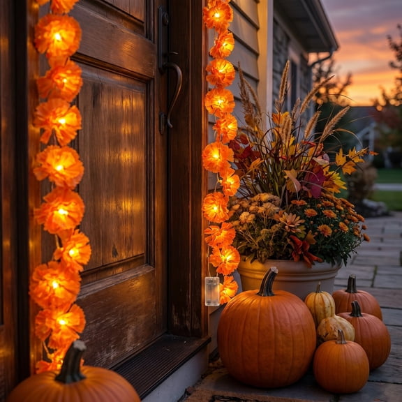 LED Marigold String Lights, Warm Floral Fairy Lights Battery Powered Decor Garland, Soft Glow Festive Lighting Durable Safe Use, for Halloween Thanksgiving Party Indoor Outdoor Home Decor