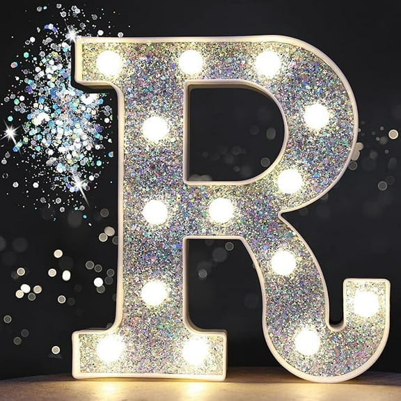 LED Marquee Letter Lights, Light Up Silver Letters Glitter Alphabet Letter Sign Battery Powered for Night Light Birthday Party