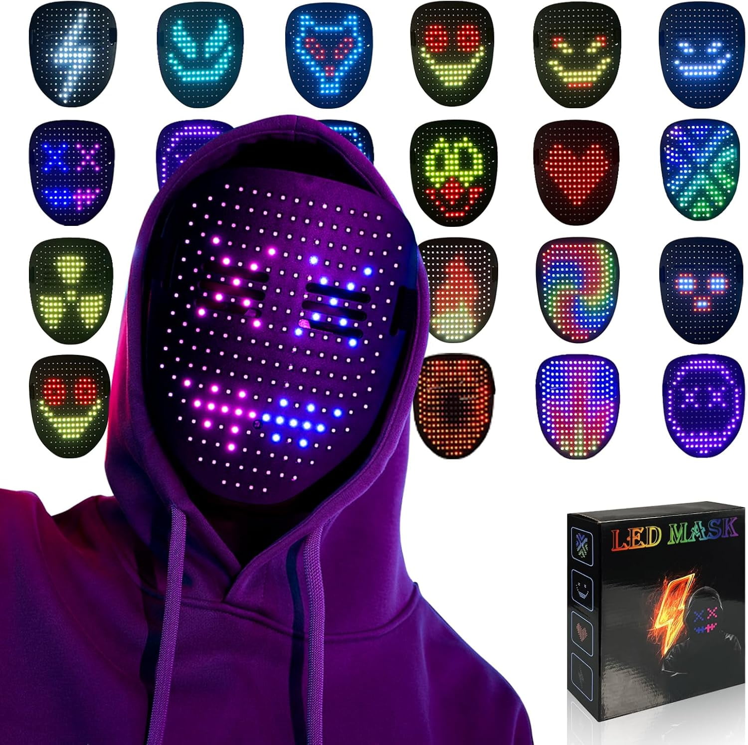 LED Mask with Gesture Sensing  Light-Up Halloween Mask for Kids, Men & Women | Cosplay Costume Party Glow Mask(recharge)