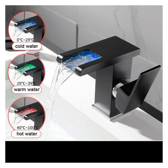 LED Matte Black Bathroom Sink Faucet Three Colors Change With Temperature LED Waterfall Hot and Cold Water Mixer Taps ,Effortless Installation