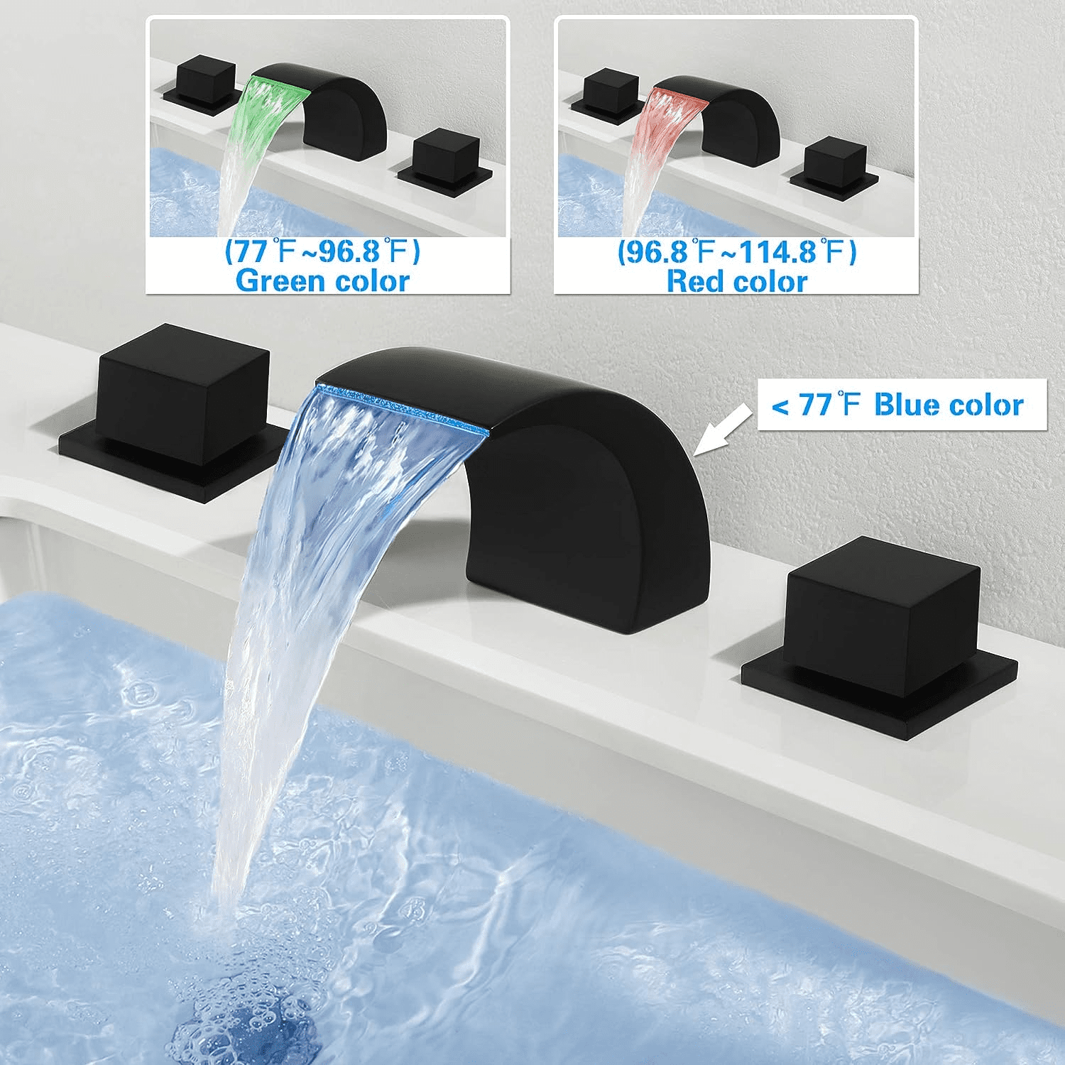 LED Matte Black Faucet Brass Three Handles Three Holes Square Handle Bathroom Sink Faucet Hot & Cold Water Lever Three Colors