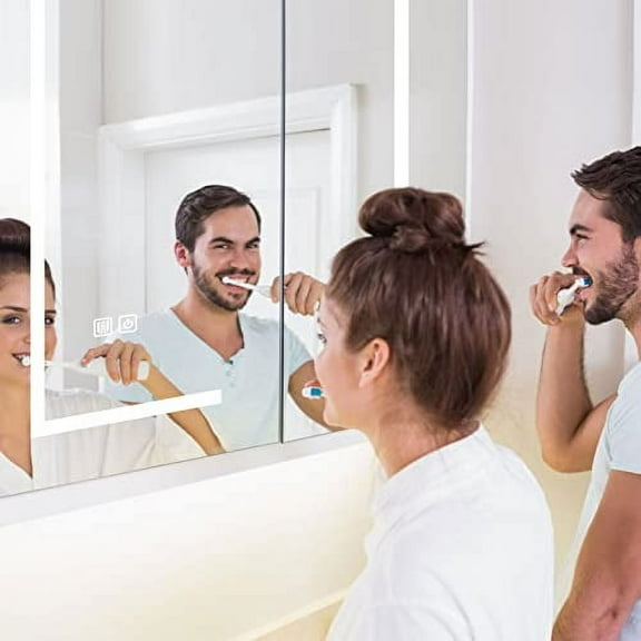 LED Medicine Cabinet with Mirror 2 Door Lighted Medicine Cabinet with Defogger, Bathroom Mirror Cabinet Wall Mounted with Storage,3 Light Colors, US Plug 23.6x25.6Inch