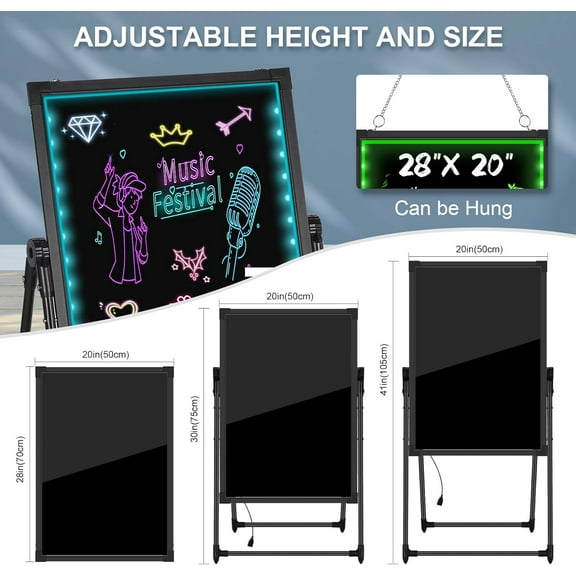 LED Message Board, 28"x20" Flashing Neon Effect & Remote Control, Illuminated Erasable Signage Board for Restaurants/Bars/Cafes, Includes 8 Fluorescent Chalk Markers