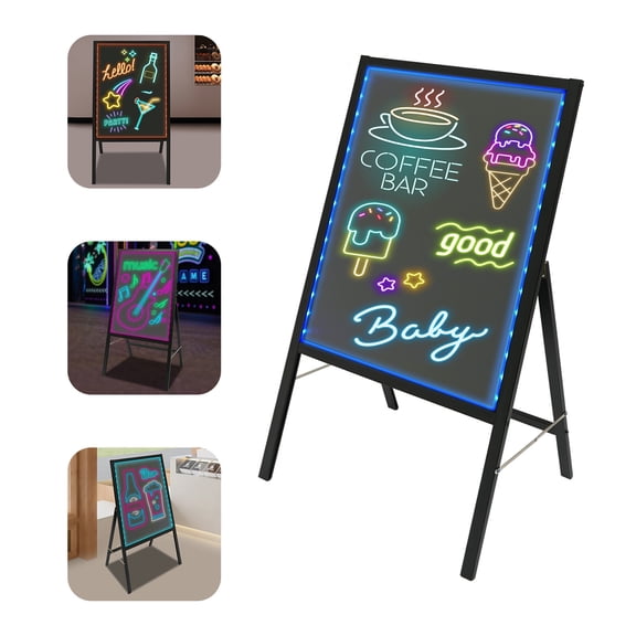 LED Message Board with Remote, 19.7x27.6 Inch Writing Board, 8 Fluorescent Markers, 7 Colors & 11 Flash Modes, Battery or Plug-in, Tempered Glass Sign Board for Store Menu Restaurant