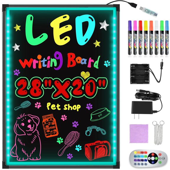 LED Message Writing Board, 28”x 20" Neon Signs Chalkboard Menu Board, 16 Colors Light Board, LED Sign Board, LED Note Board for Restaurant Display Light Up Sign