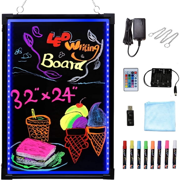 LED Message Writing Board, 32" x 24" Flashing Illuminated Erasable LED Message Chalkboard Neon Effect Menu Sign Board with Remote Control, 8 Colors Chalk Markers